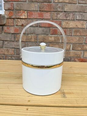 Vintage Vinyl & Lucite Ice Bucket by Culver White Gold Glam MCM Cocktail glossy